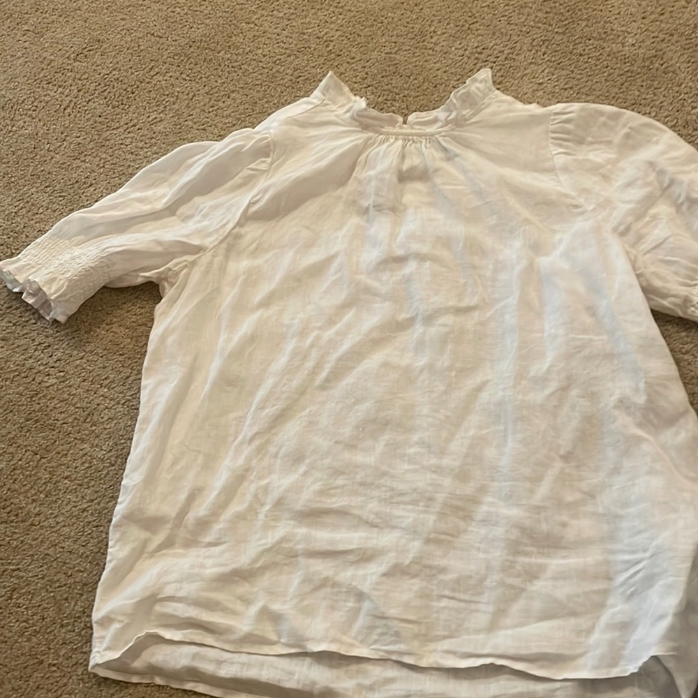 J crew white linen ruffle neck blouse Small